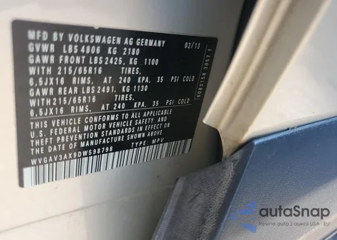 2013 Volkswagen Tiguan S from USA, damaged, VIN WVGAV3AX9DW598798